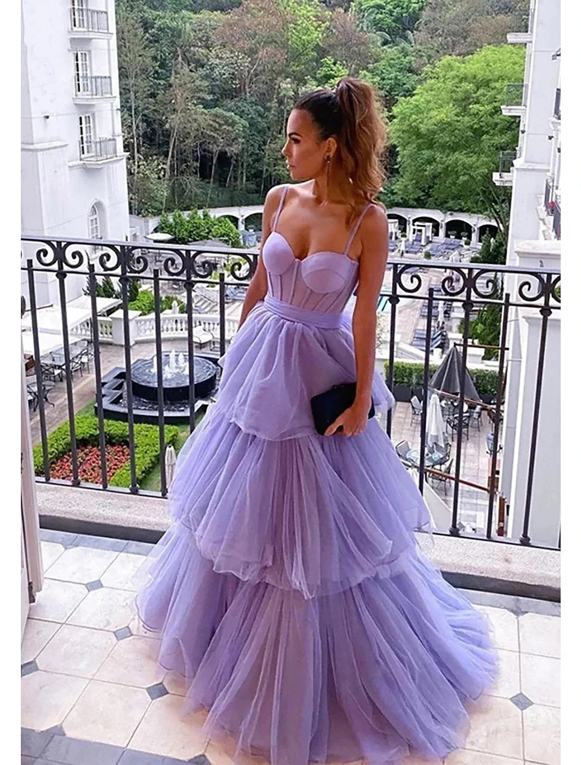 Ball Gown Prom Dresses Tiered Dress Formal Floor Length Sleeveless Sweetheart Tulle Backless with Pleats Ruched by YiHuiw