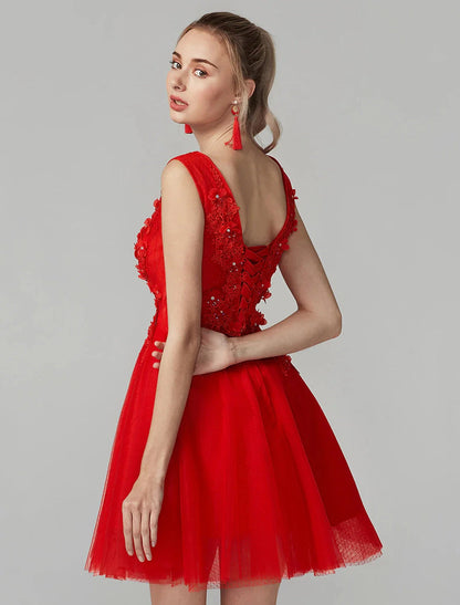 A-Line Party Dress Homecoming Graduation Short / Mini Sleeveless V Neck Lace Over Tulle with Crystals Appliques by YiHuiw