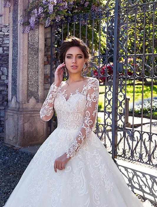 Engagement Formal Fall Wedding Dresses Ball Gown Illusion Neck Long Sleeve Court Train Lace Bridal Gowns With Lace Appliques Summer Wedding Party Women‘s Clothing by YiHuiw