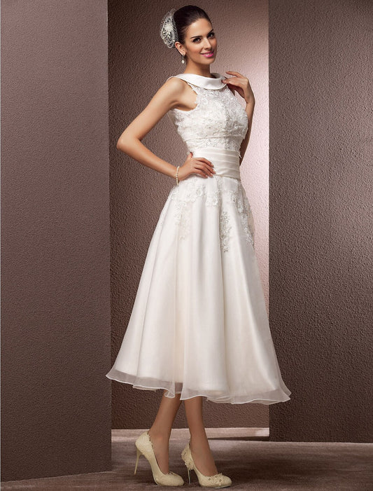 Hall Wedding Dresses A-Line Illusion Neck Sleeveless Tea Length Lace Bridal Gowns With Pearl Beading  Summer Wedding Party  Women's Clothing