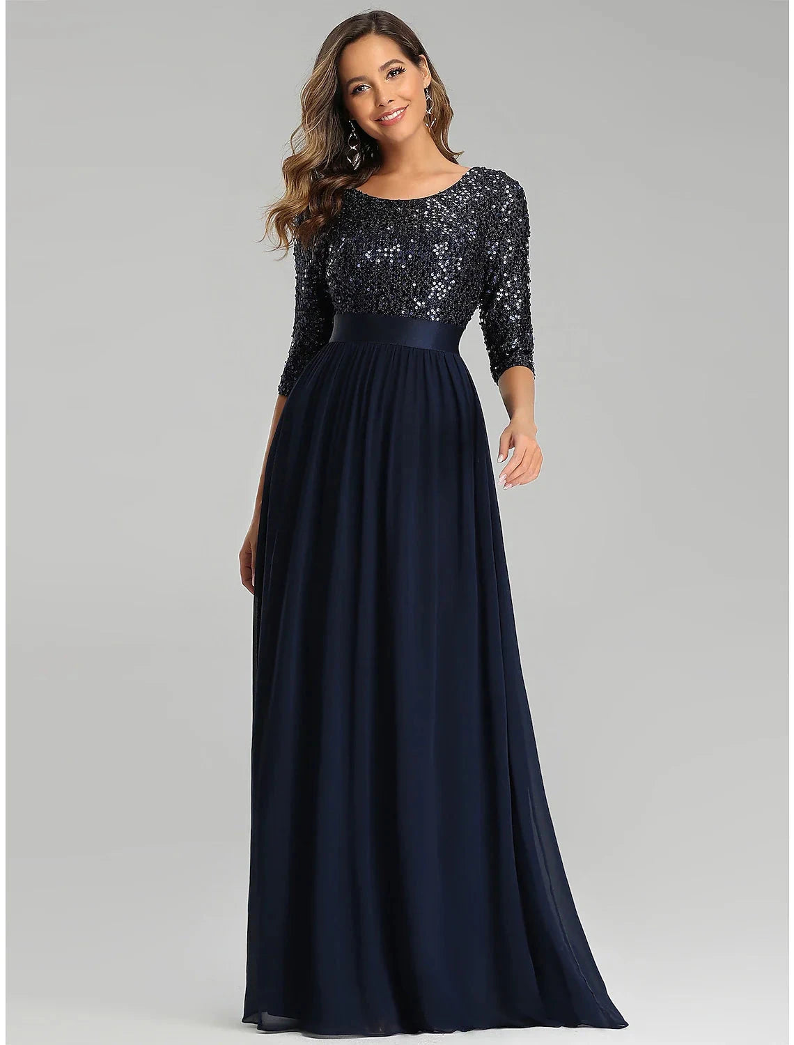 A-Line Elegant Wedding Guest Formal Evening Dress Jewel Neck 3/4 Length Sleeve Floor Length Tulle with Sequin by YiHuiw