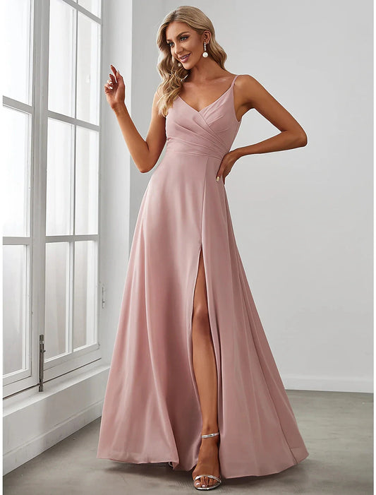 A-Line Bridesmaid Dress V Neck Sleeveless Elegant Floor Length Chiffon with Draping / Solid Color by YiHuiw