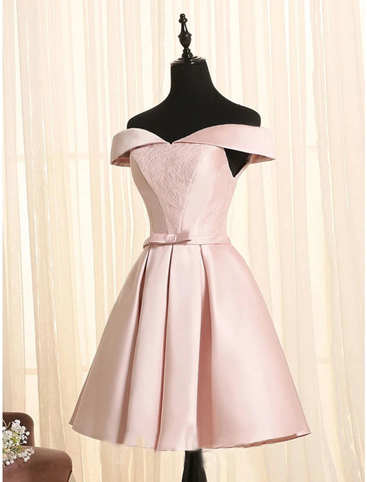 A-Line Minimalist Elegant Engagement Cocktail Party Dress Off Shoulder Sleeveless Short / Mini Satin with Bow(s) Lace Insert by YiHuiw