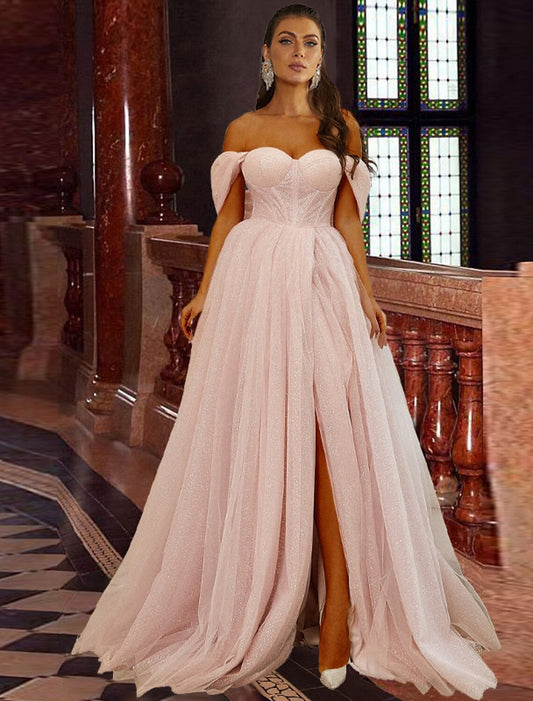 A-Line Prom Dresses Corsets Dress Prom Birthday Sweep / Brush Train Short Sleeve Off Shoulder Tulle with Glitter Pleats Slit by YiHuiw