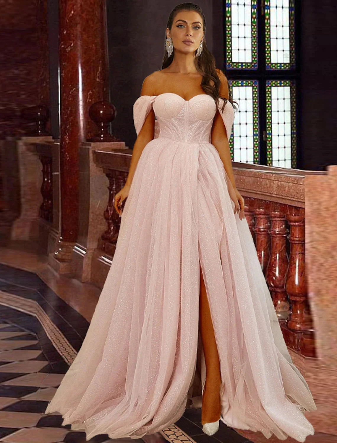 A-Line Prom Dresses Corsets Dress Prom Sweep / Brush Train Short Sleeve Off Shoulder Tulle with Glitter Pleats Slit by YiHuiw