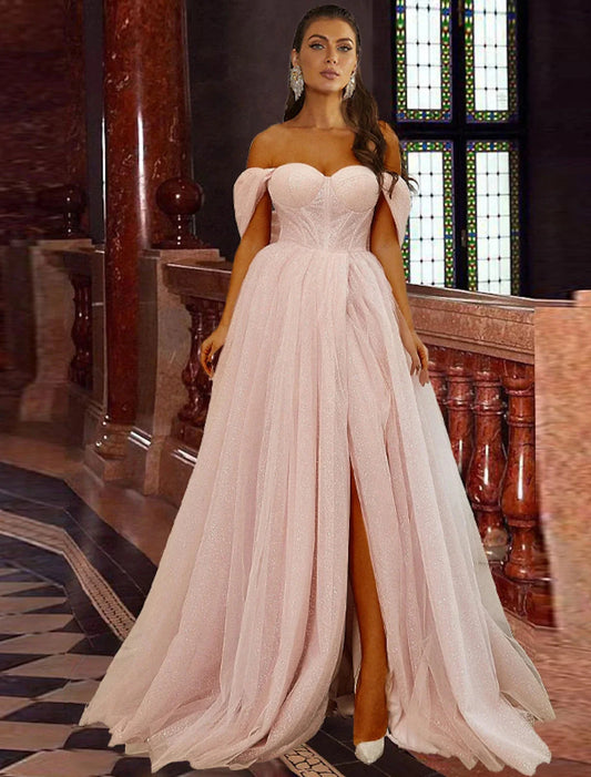 A-Line Prom Dresses Corsets Dress Prom Sweep / Brush Train Short Sleeve Off Shoulder Tulle with Glitter Pleats Slit by YiHuiw