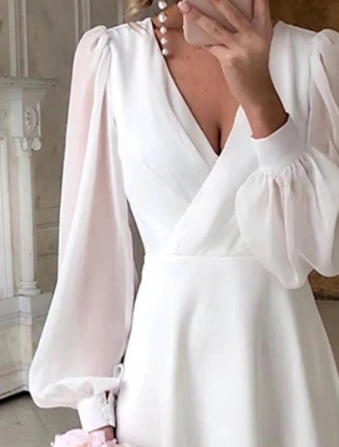 Reception Little White Dresses Wedding Dresses A-Line V Neck Long Sleeve Ankle Length Chiffon Bridal Gowns With Solid Color by YiHuiw