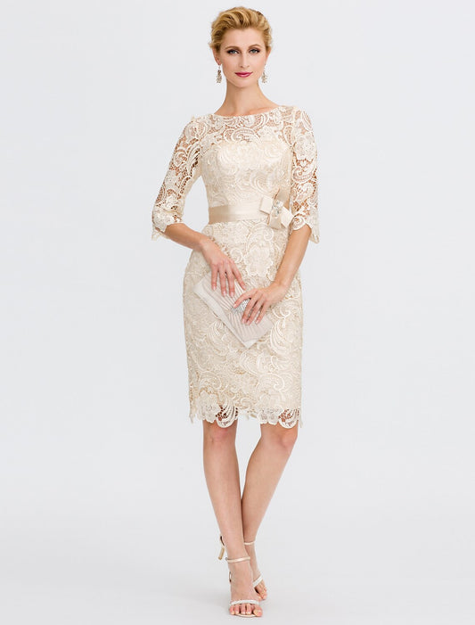Sheath / Column Mother of the Bride Dress Formal Wedding Guest Plus Size Elegant Illusion Neck Knee Length All Over Lace 3/4 Length Sleeve with Bow(s) by YiHuiw