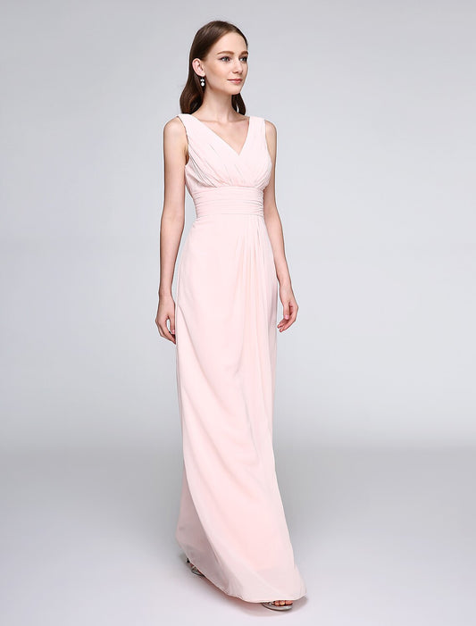 Sheath / Column Bridesmaid Dress V Neck Sleeveless Elegant Floor Length Chiffon with Criss Cross / Ruched by YiHuiw