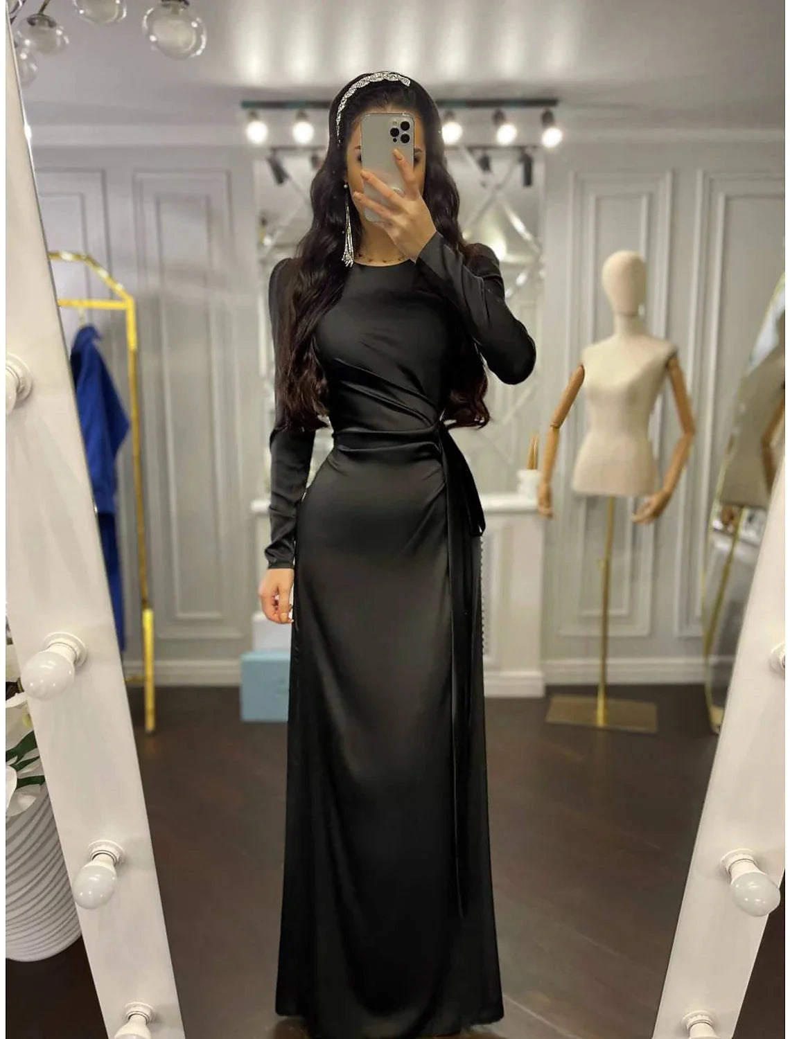 Sheath Party Dress Evening Gown Elegant Dress Wedding Guest Fall Floor Length Long Sleeve High Neck Bridesmaid Dress Satin with Ruched by YiHuiw