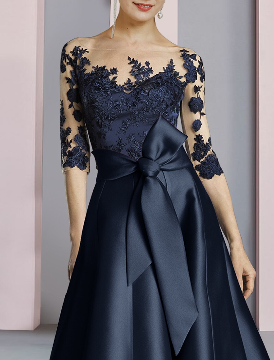 Sheath / Column Mother of the Bride Dress Fall Wedding Guest Party Elegant Scoop Neck Ankle Length Satin Lace Half Sleeve with Bow(s) Pleats by YiHuiw