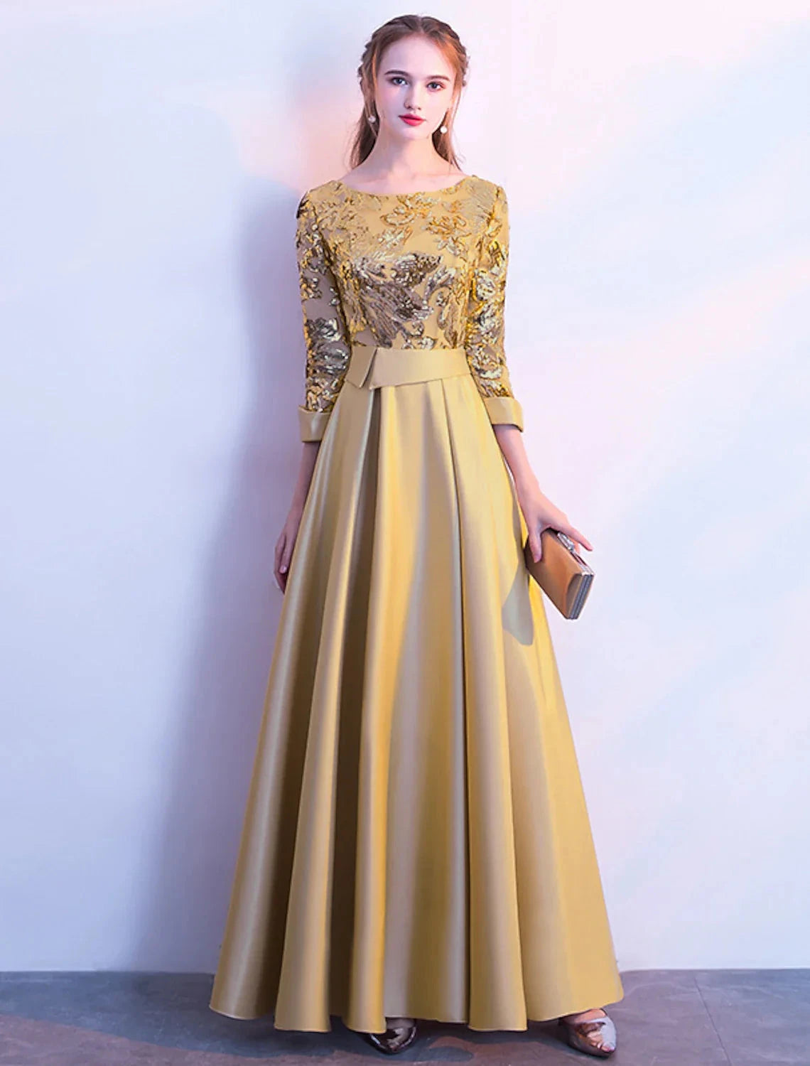 A-Line Bridesmaid Dress Jewel Neck Long Sleeve Beautiful Back Floor Length Satin / Tulle / Sequined with Sash / Ribbon / Pleats by YiHuiw