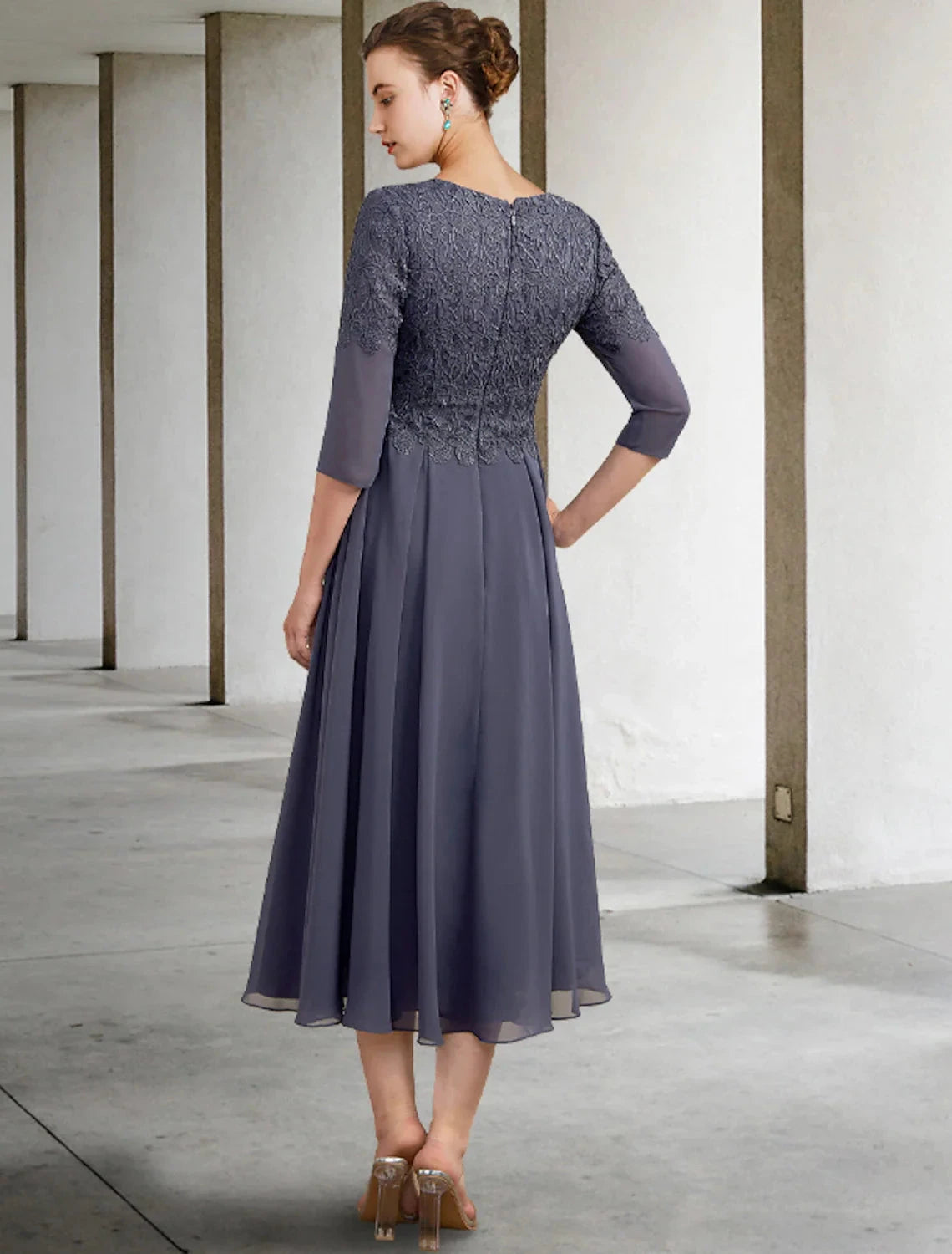A-Line Mother of the Bride Dress Fall Wedding Guest Plus Size Elegant V Neck Tea Length Chiffon Lace 3/4 Length Sleeve with Ruffles Appliques by YiHuiw