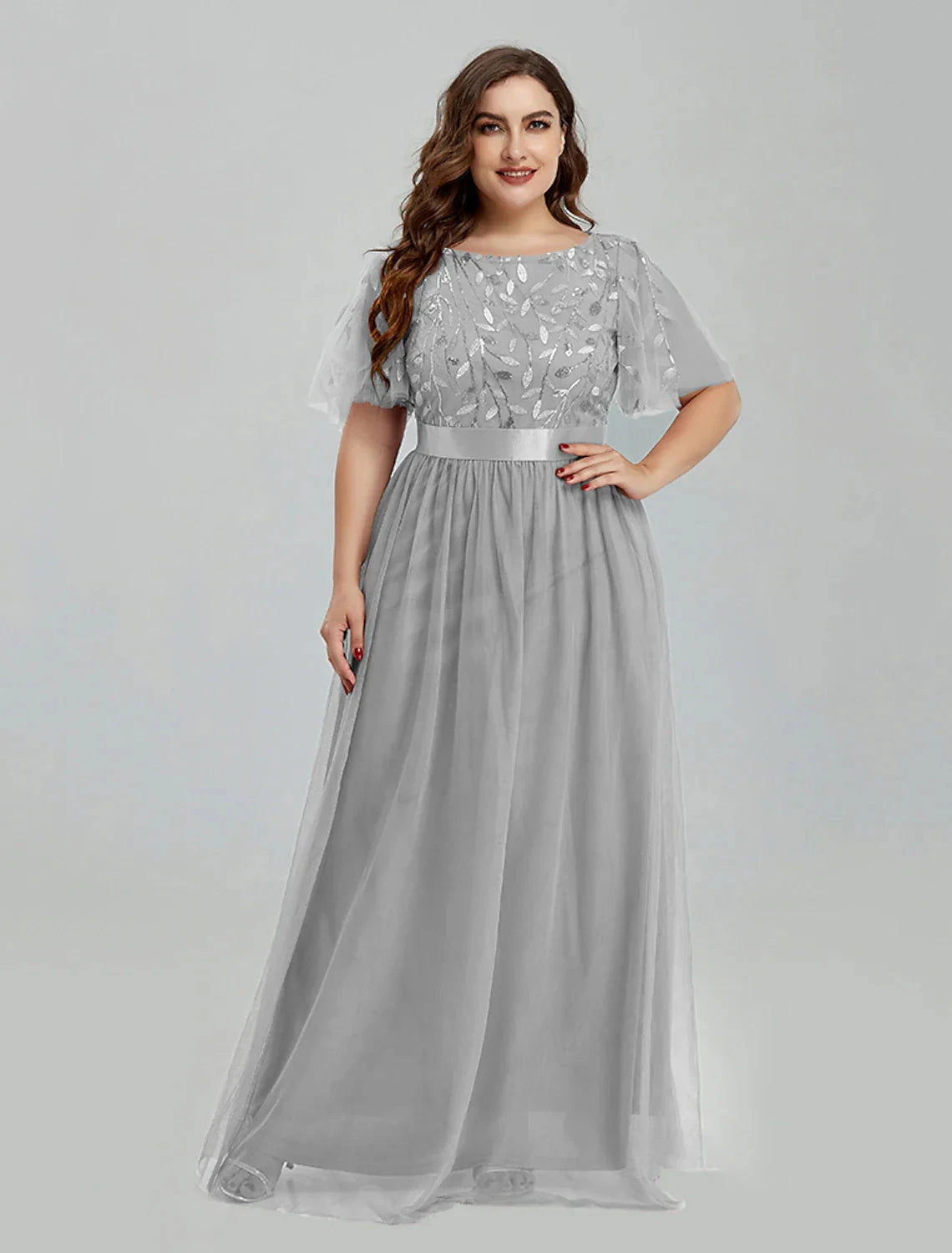 A-Line Prom Dresses Floral Dress Party Wear Quinceanera Floor Length Short Sleeve Jewel Neck Bridesmaid Dress Tulle with Embroidery Splicing by YiHuiw