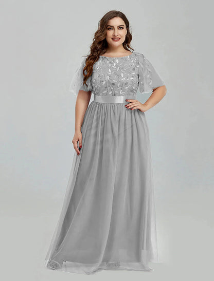 A-Line Prom Dresses Floral Dress Party Wear Quinceanera Floor Length Short Sleeve Jewel Neck Bridesmaid Dress Tulle with Embroidery Splicing by YiHuiw