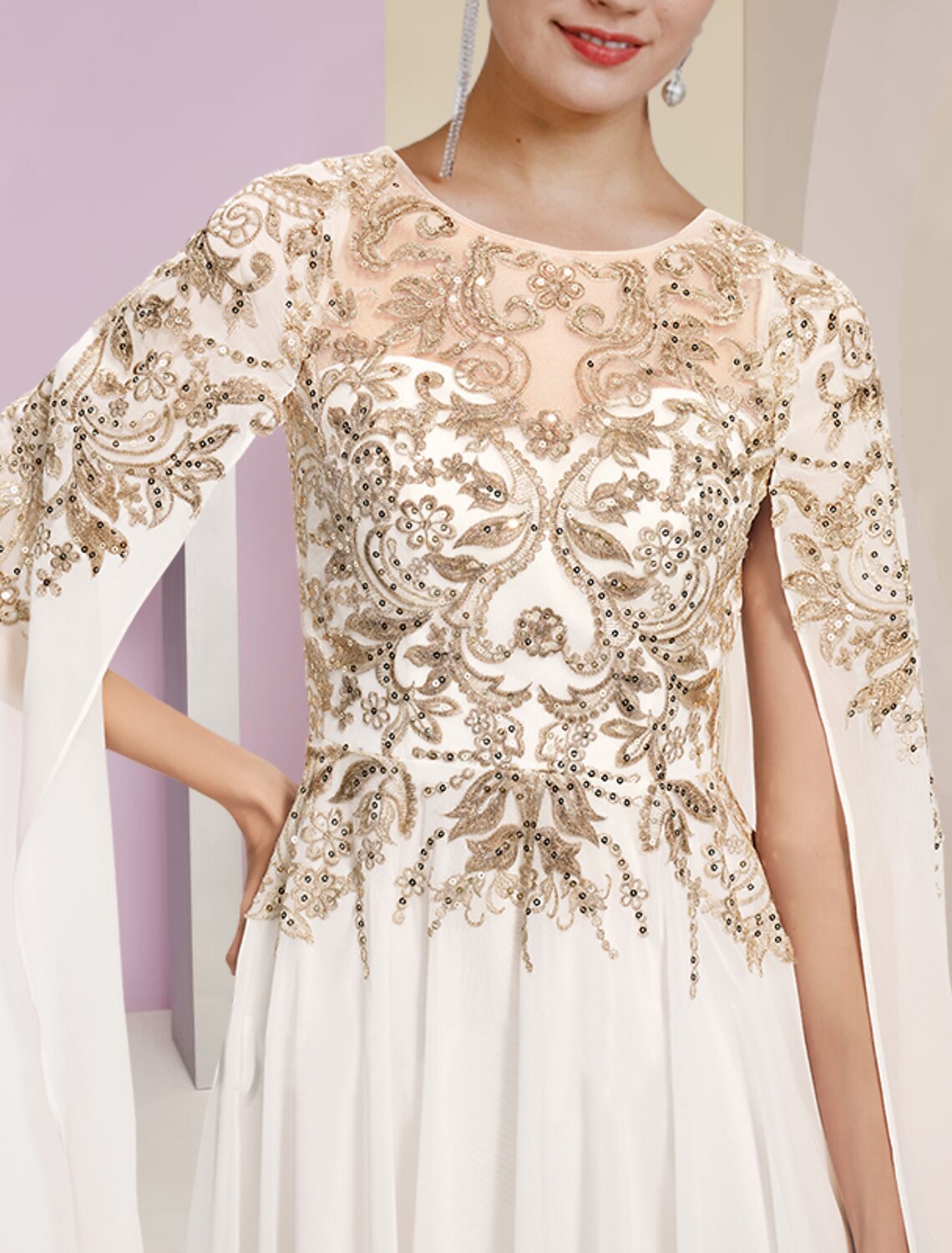Sheath / Column Mother of the Bride Dress Wedding Guest Party Luxurious Jewel Neck Floor Length Chiffon Lace Sequined Long Sleeve with Pleats by YiHuiw