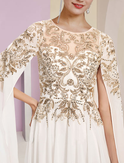 Sheath / Column Mother of the Bride Dress Wedding Guest Party Luxurious Jewel Neck Floor Length Chiffon Lace Sequined Long Sleeve with Pleats by YiHuiw