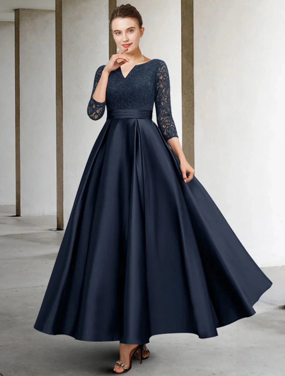 A-Line Mother of the Bride Dress Plus Size Elegant V Neck Ankle Length Satin Lace 3/4 Length Sleeve No with Pleats Ruched by YiHuiw