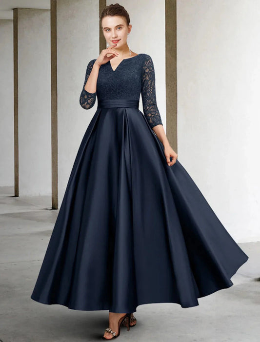 A-Line Mother of the Bride Dress Plus Size Elegant V Neck Ankle Length Satin Lace 3/4 Length Sleeve No with Pleats Ruched by YiHuiw