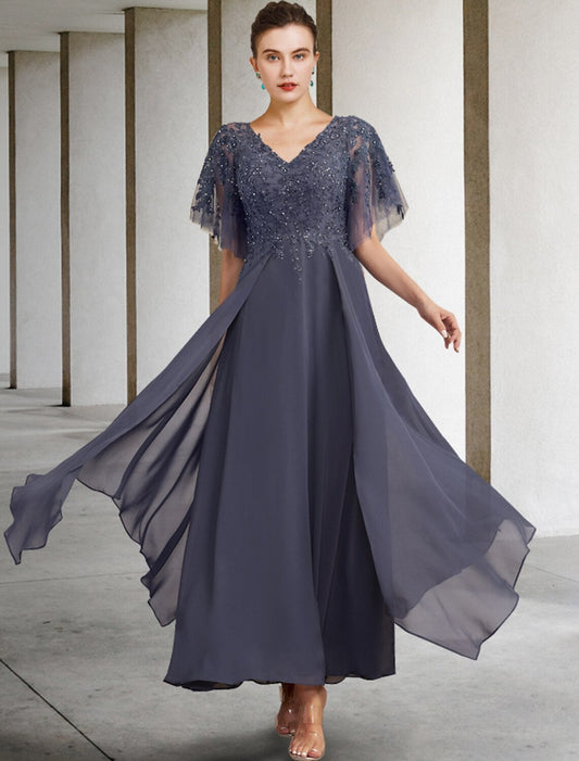 A-Line Plus Size Curve Mother of the Bride Dress Elegant Jewel Neck Ankle Length Chiffon Lace Short Sleeve with Beading Sequin Appliques by YiHuiw