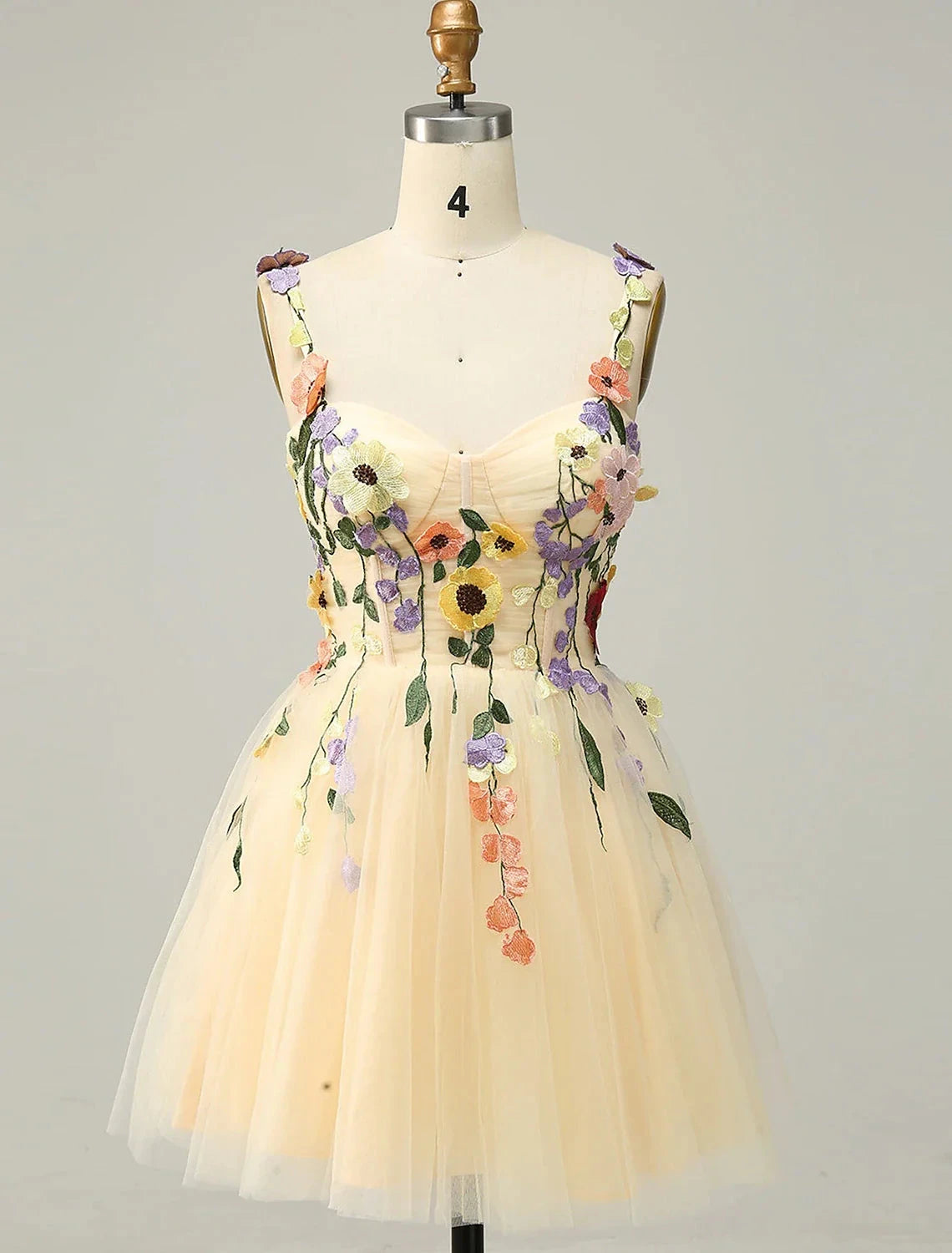 A-Line Homecoming Dresses Floral Dress Cocktail Party Garden Party Short / Mini Sleeveless Spaghetti Strap Tulle with Appliques by YiHuiw