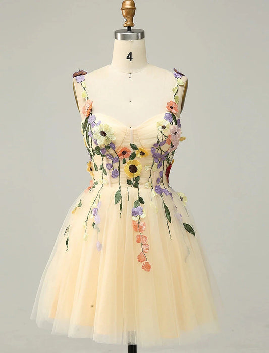 A-Line Homecoming Dresses Floral Dress Cocktail Party Garden Party Short / Mini Sleeveless Spaghetti Strap Tulle with Appliques by YiHuiw