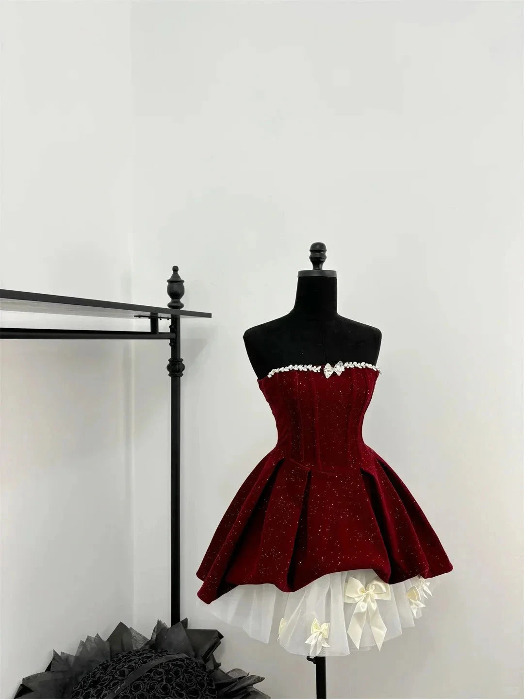 shiny cute sweet heavy red velvet tube top short Bow skirt homecoming dress simple gentle atmospheric and unique desi Bring summer colors to enhance whiteness by YiHuiw