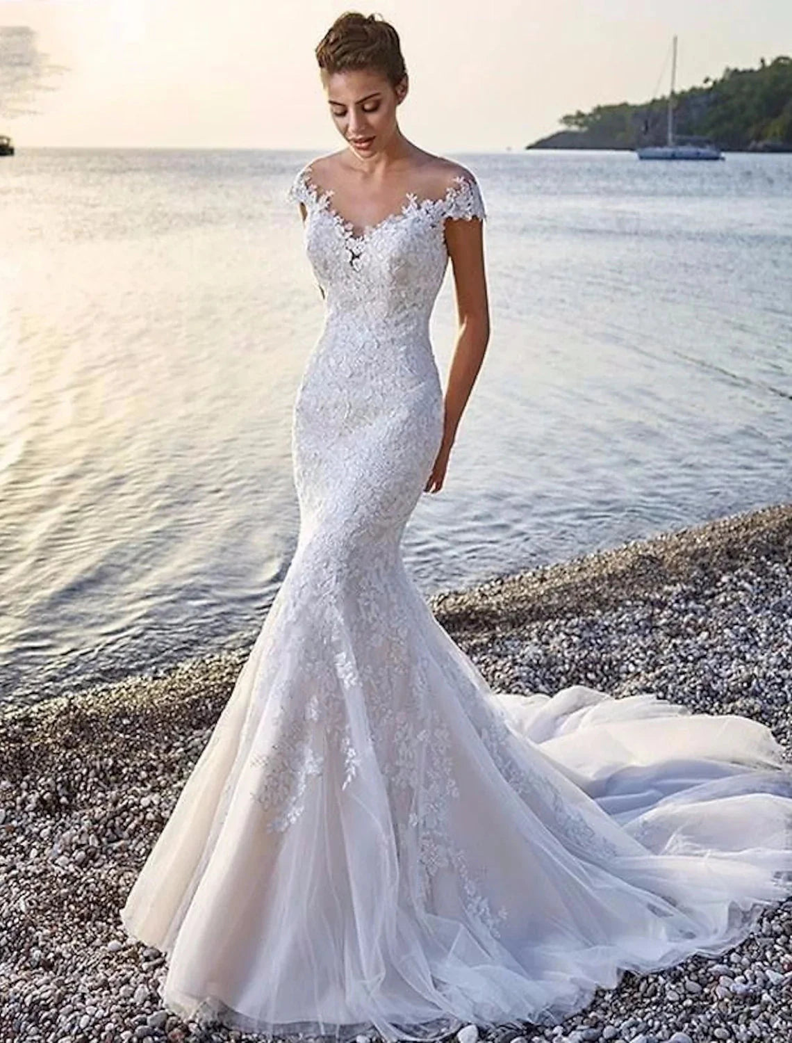 Beach Formal Wedding Dresses Mermaid / Trumpet Scoop Neck Off Shoulder Cap Sleeve Court Train Lace Bridal Gowns With Appliques Summer Wedding Party Women's Clothing by YiHuiw