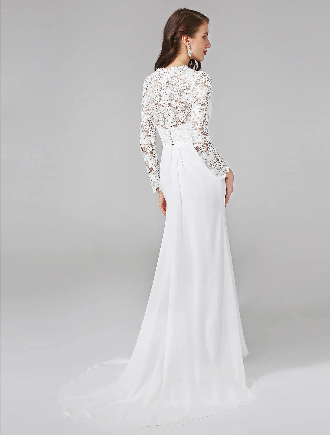 Beach Royal Style Boho Wedding Dresses Sheath / Column Illusion Neck Long Sleeve Sweep / Brush Train Chiffon Bridal Gowns With Lace Button Summer Wedding Party, Women's Clothing by YiHuiw