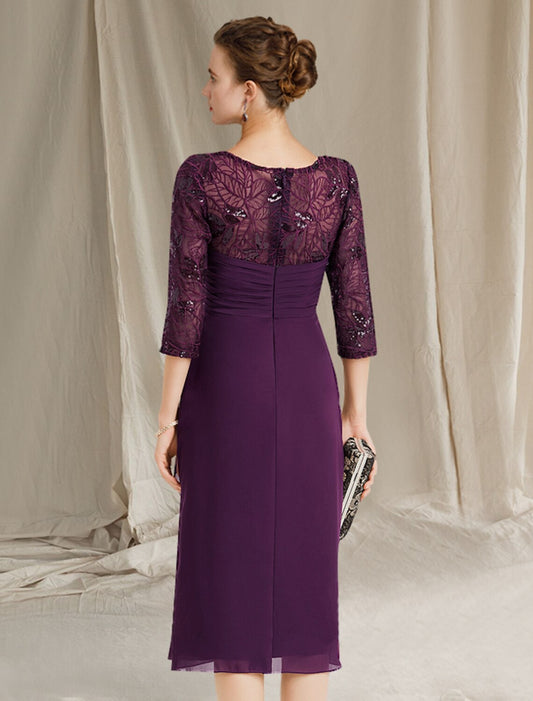 Sheath / Column Mother of the Bride Dress Plus Size Elegant Jewel Neck Knee Length Chiffon Short Sleeve with Sequin Side-Draped by YiHuiw