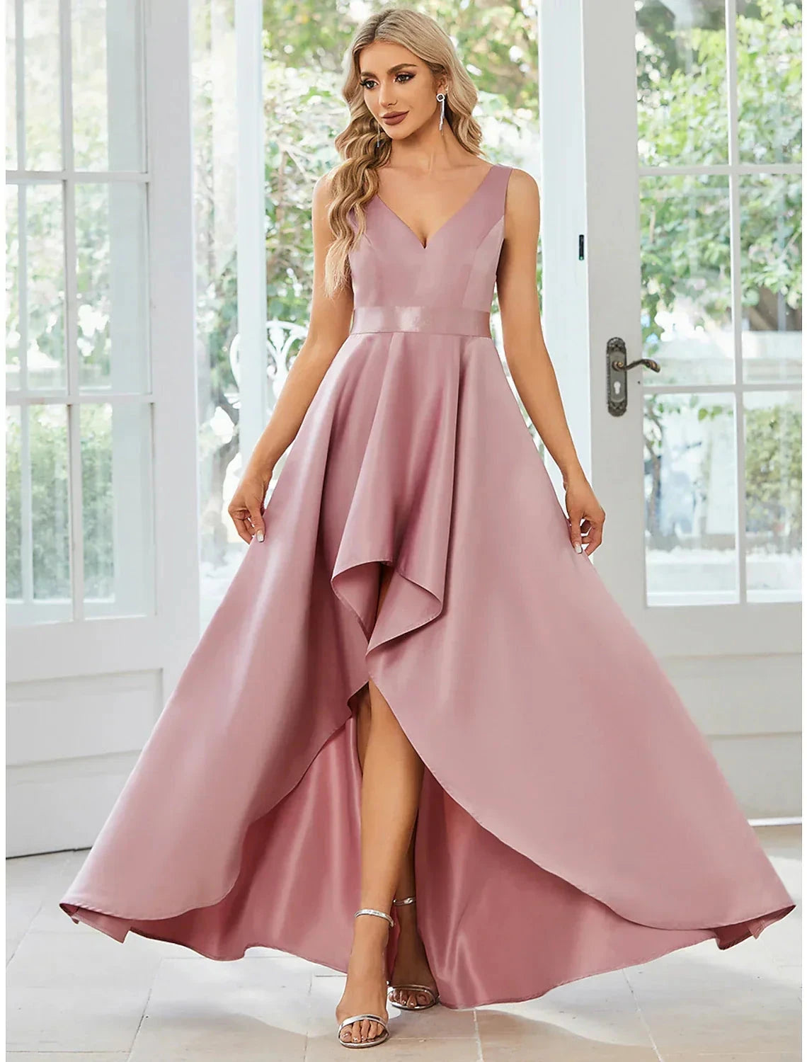 A-Line Wedding Guest Dresses Casual Dress Party Wear Asymmetrical Sleeveless V Neck Satin with Ruffles Pure Color by YiHuiw