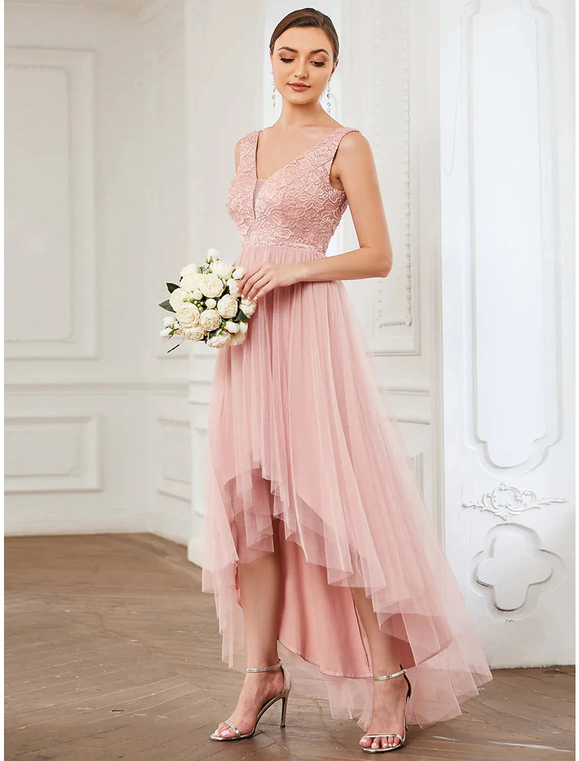 A-Line Bridesmaid Dress V Neck Sleeveless Elegant Short / Mini Lace / Tulle with Draping / Ruching by YiHuiw