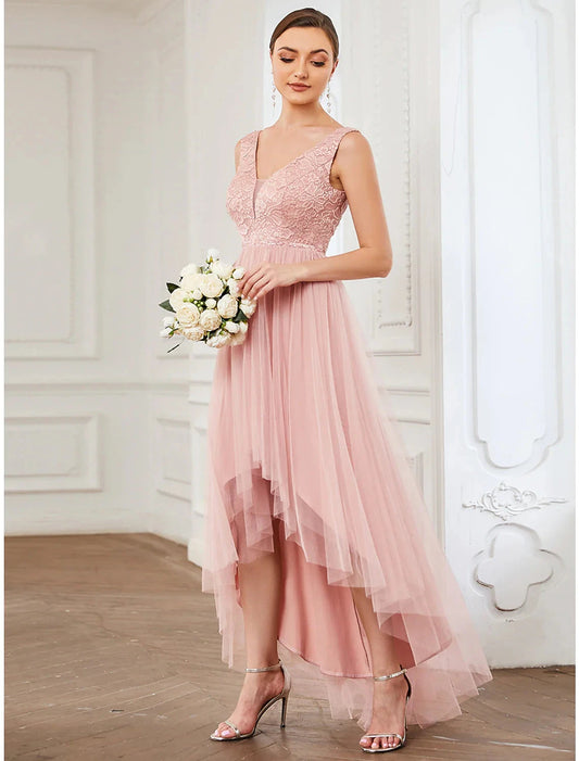 A-Line Bridesmaid Dress V Neck Sleeveless Elegant Short / Mini Lace / Tulle with Draping / Ruching by YiHuiw