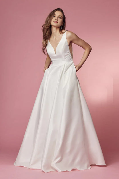 A-Line Plunging Sleeveless Floor-Length Wedding Dress - Yihuiw by Yihuiw