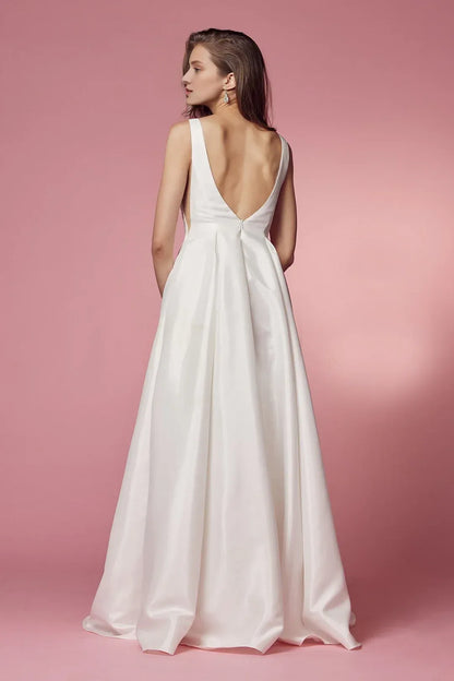 A-Line Plunging Sleeveless Floor-Length Wedding Dress - Yihuiw by Yihuiw