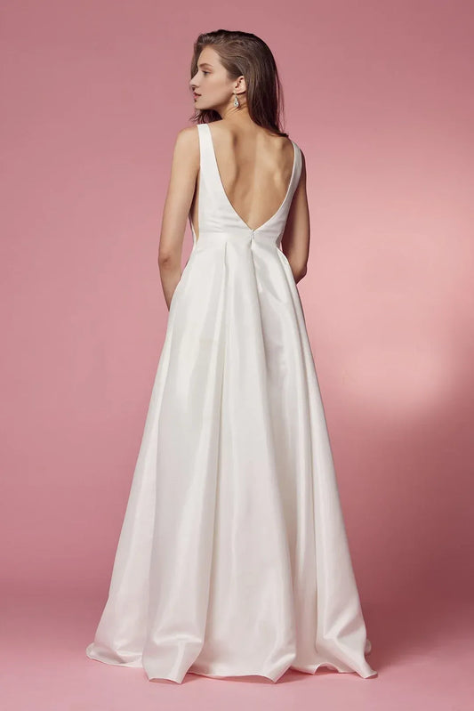 A-Line Plunging Sleeveless Floor-Length Wedding Dress - Yihuiw by Yihuiw