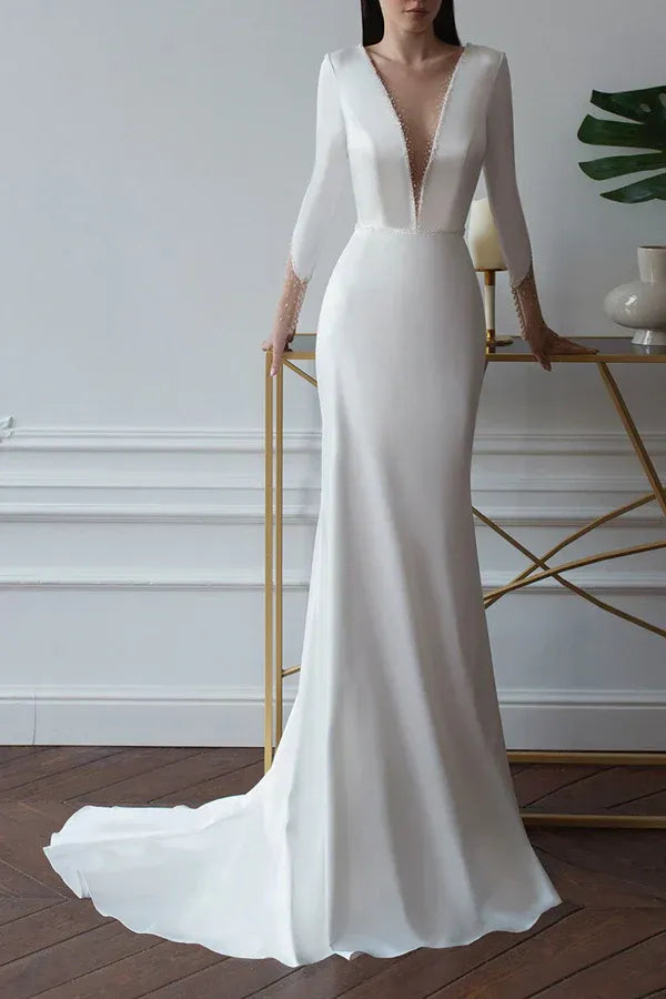 Mermaid V-Neck Floor-Length Wedding Dress - Yihuiw by Yihuiw
