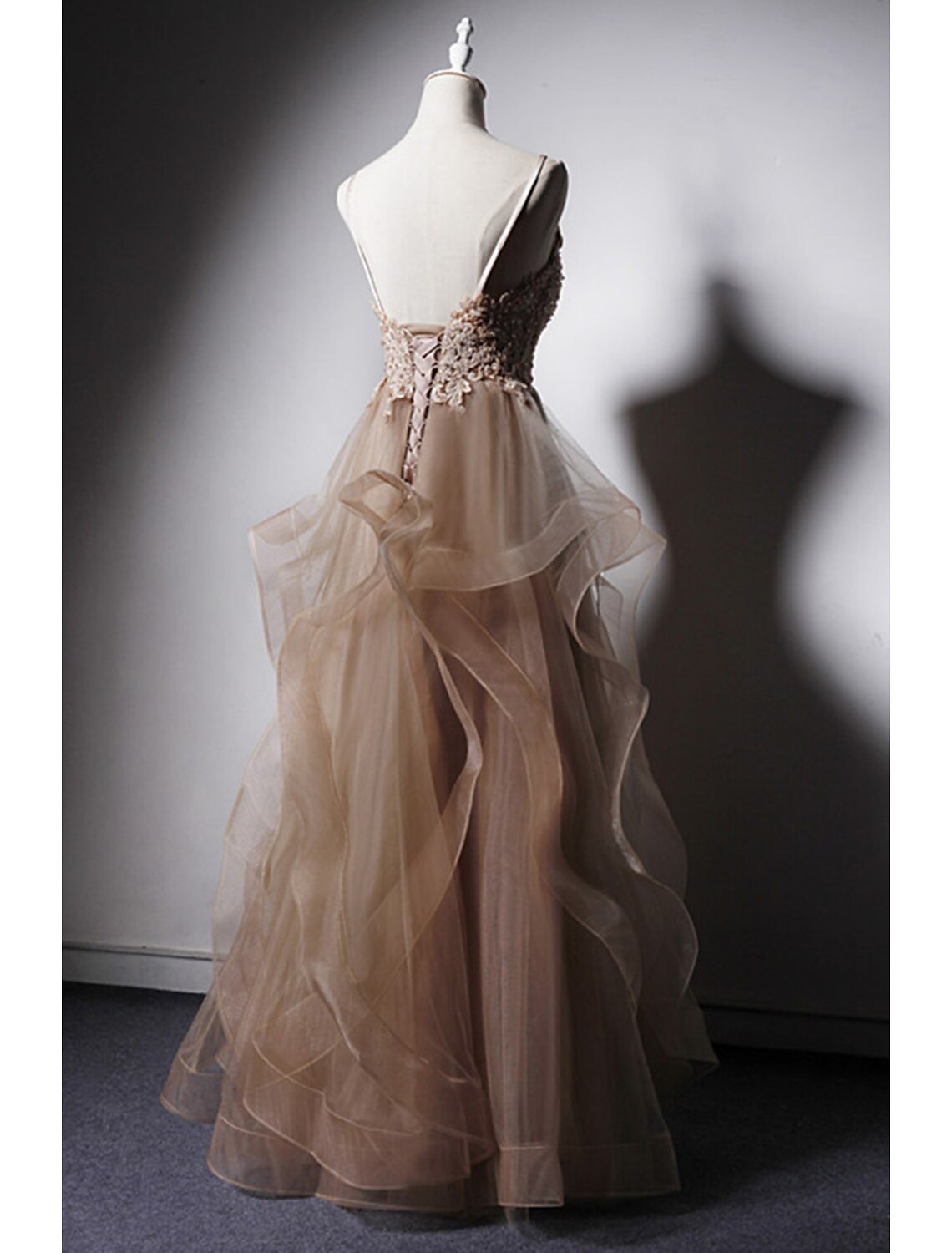 A-Line Prom Dresses Open Back Dress Formal Wedding Party Floor Length Sleeveless Spaghetti Strap Lace with Ruffles Appliques by YiHuiw