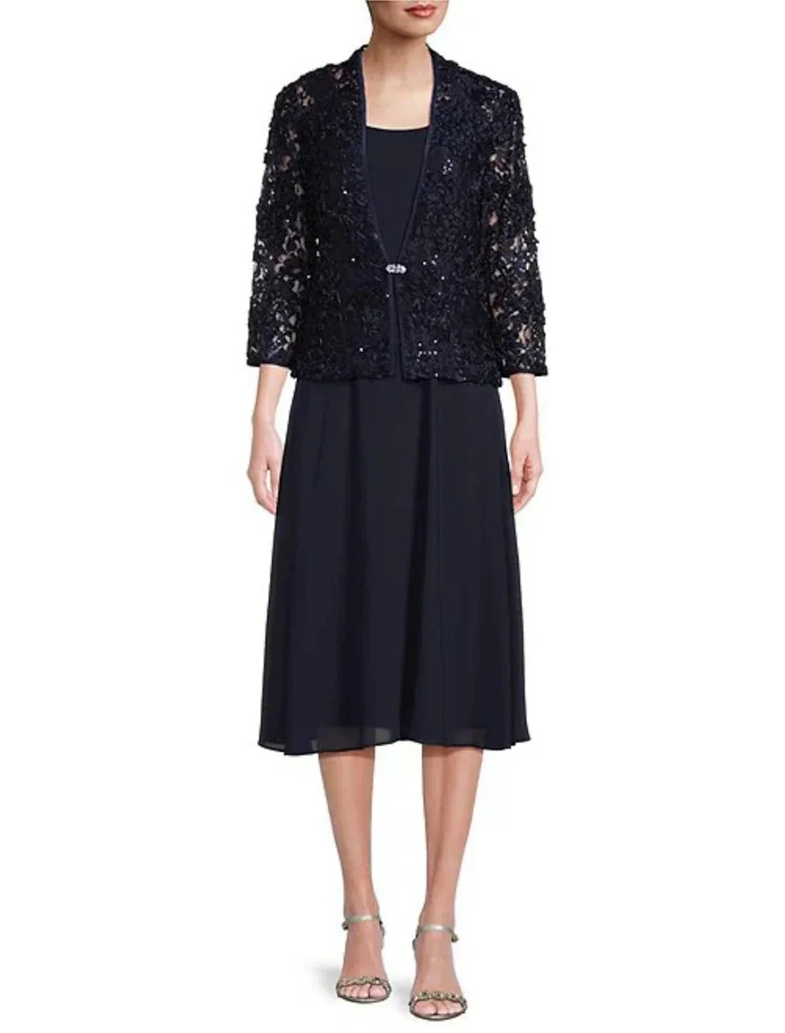 A-Line Mother of the Bride Dress Wedding Guest Elegant Petite Scoop Neck Tea Length Chiffon Lace 3/4 Length Sleeve with Pleats Crystal Brooch by YiHuiw