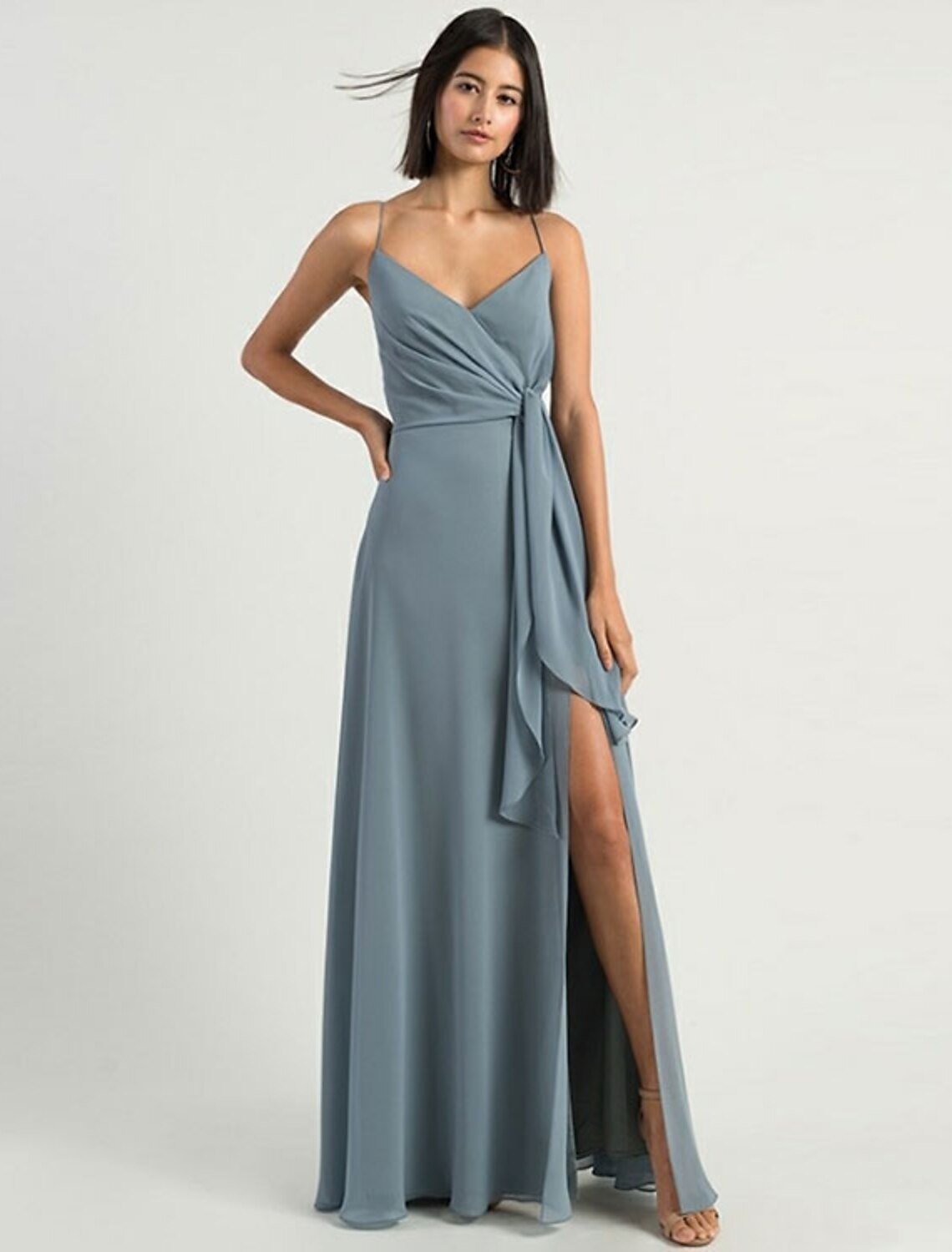 A-Line Bridesmaid Dress Spaghetti Strap Sleeveless Open Back Floor Length Chiffon with Split Front by YiHuiw