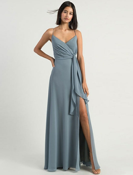 A-Line Bridesmaid Dress Spaghetti Strap Sleeveless Open Back Floor Length Chiffon with Split Front by YiHuiw