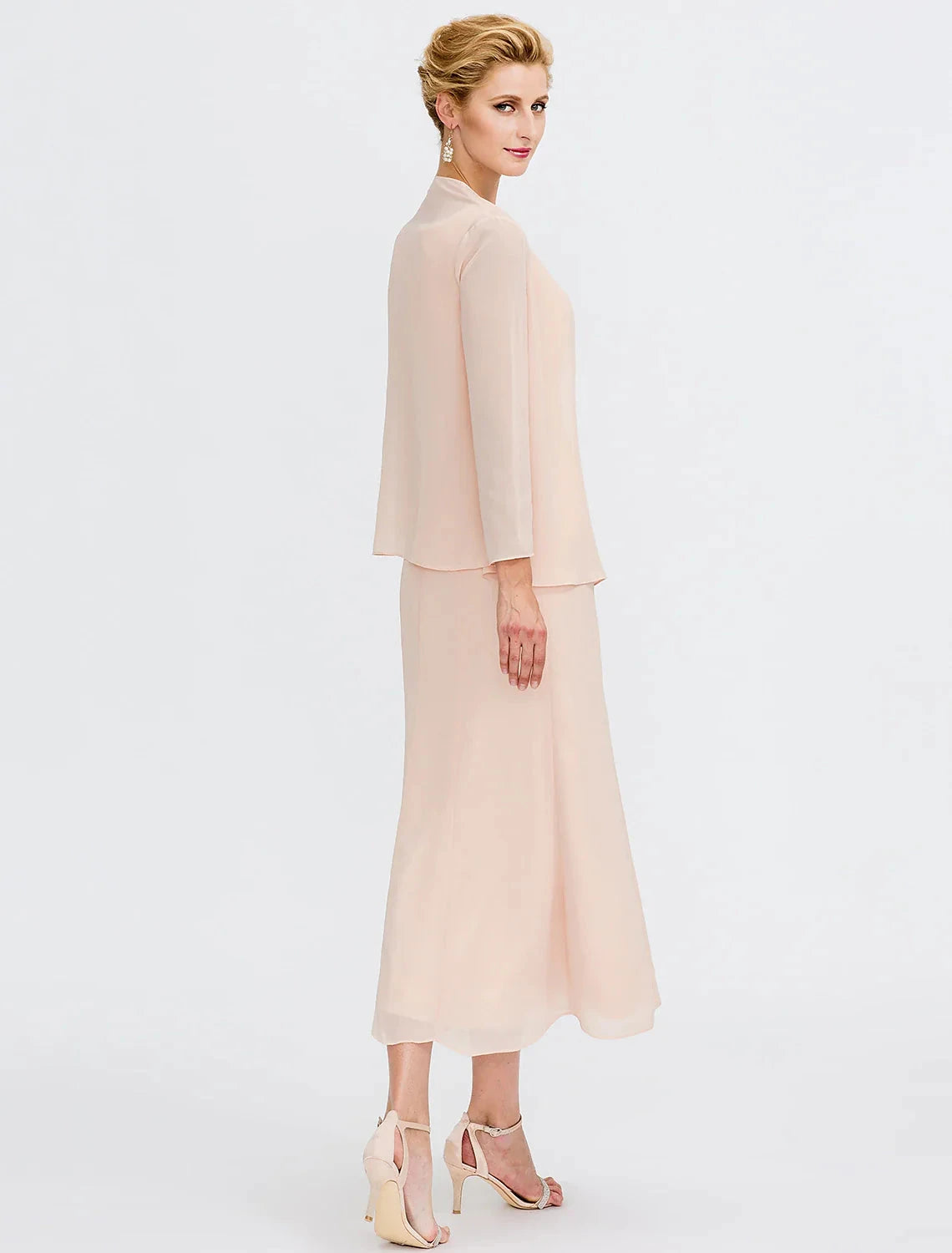 Two Piece Sheath / Column Mother of the Bride Dress Wedding Guest Plus Size Elegant with Jacket Long Sleeve Scoop Neck Tea Length Chiffon Sash / Ribbon Pleats Beading by YiHuiw