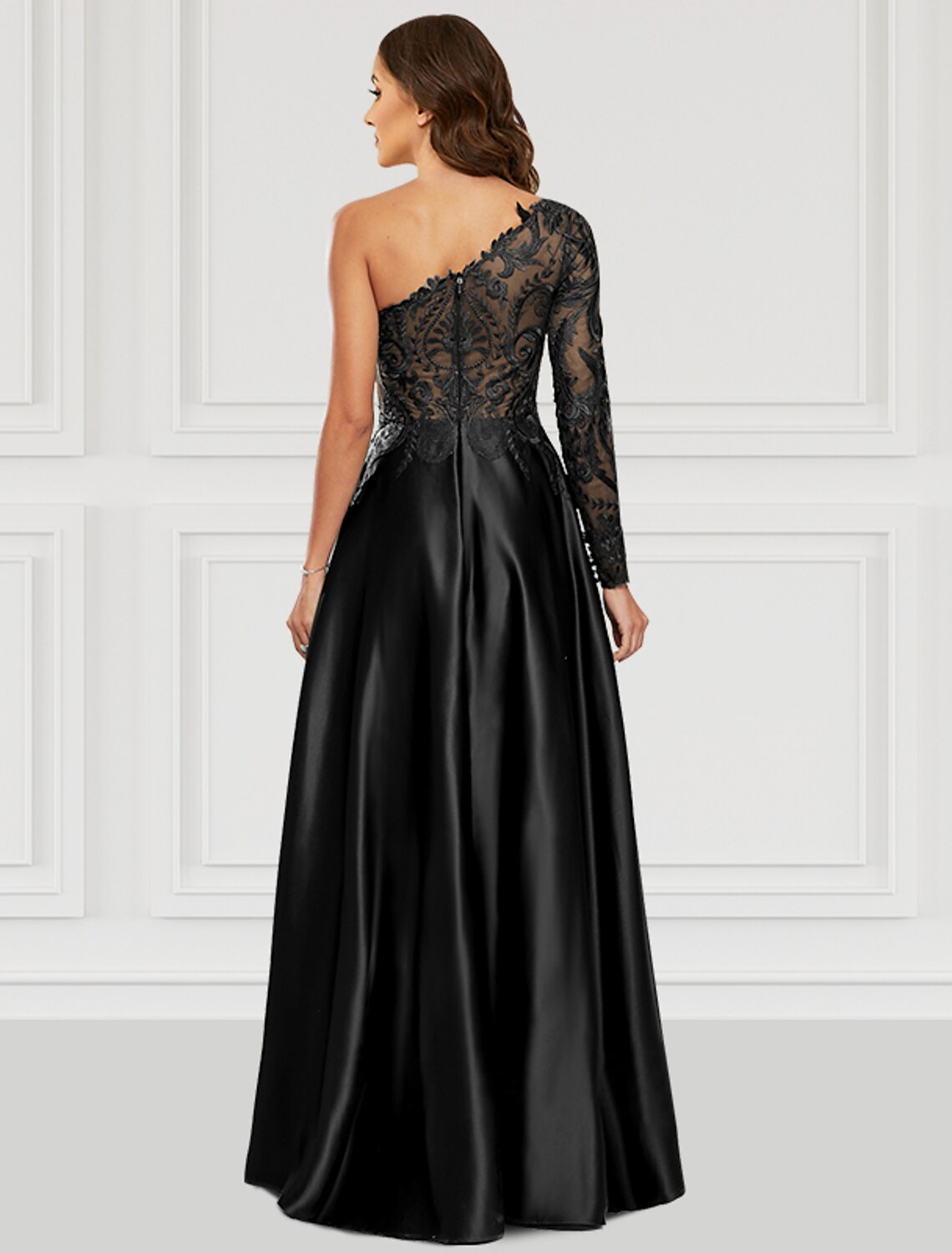 A-Line Prom Dresses Black Dress Party Wear Floor Length Long Sleeve One Shoulder Satin with Slit by YiHuiw