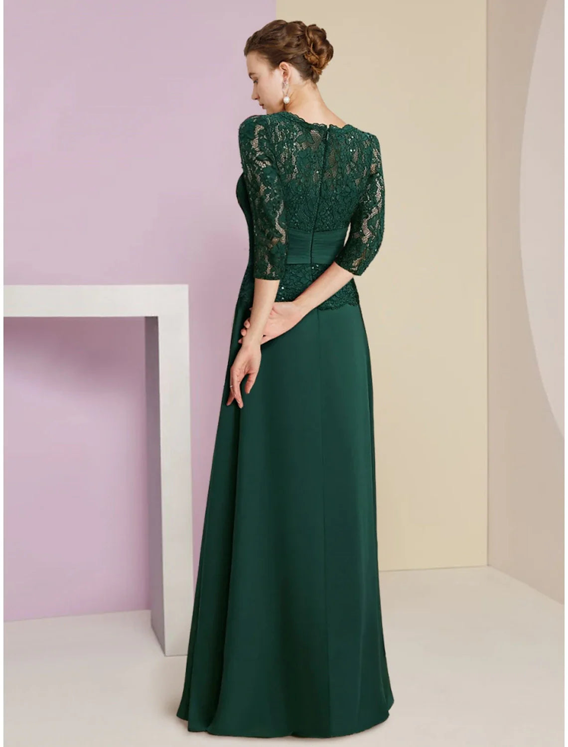 A-Line Mother of the Bride Dress Wedding Guest Elegant Scoop Neck Floor Length  Chiffon 3/4 Length Sleeve with Lace Sequin Ruching