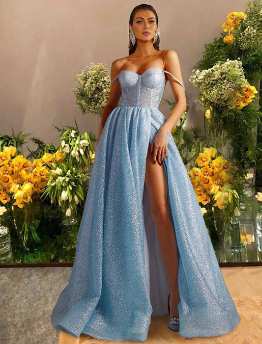 A-Line Prom Dresses Sparkle & Shine Dress Prom Black Tie Gala Floor Length Sleeveless Sweetheart Tulle with Glitter Pleats Slit by YiHuiw