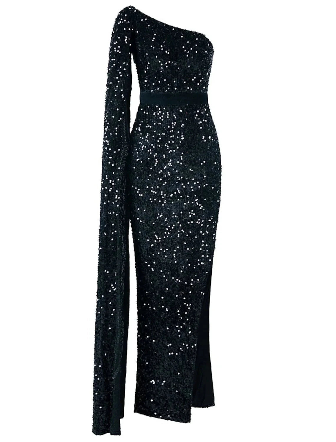 Mermaid / Trumpet Evening Gown Black Elegant Dress Formal Ankle Length Sleeveless One Shoulder Sequined with Glitter Slit by YiHuiw