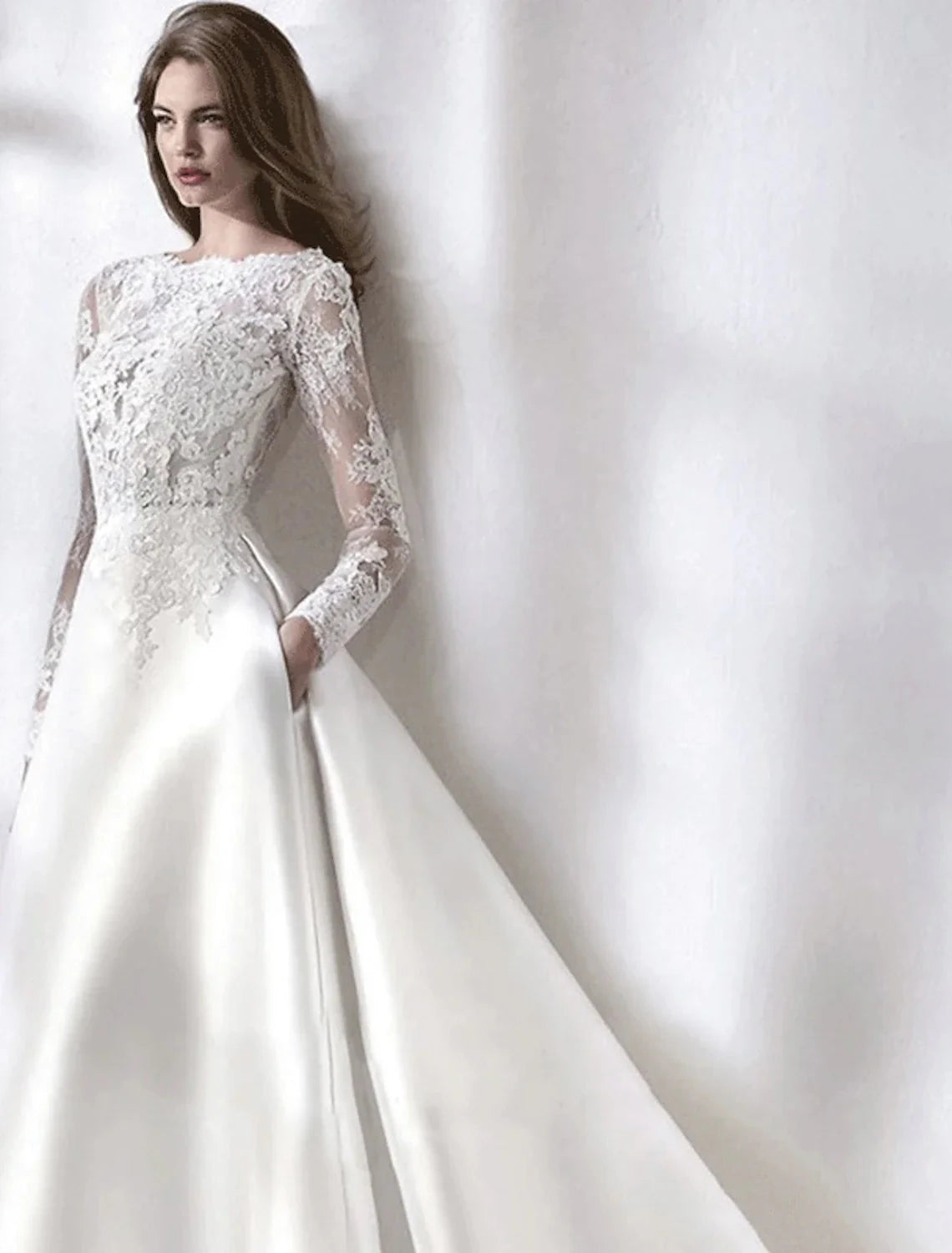 Reception Formal Fall Wedding Dresses A-Line Illusion Neck Long Sleeve Chapel Train Satin Bridal Gowns With Lace Pleats Summer Wedding Party Women's Clothing by YiHuiw