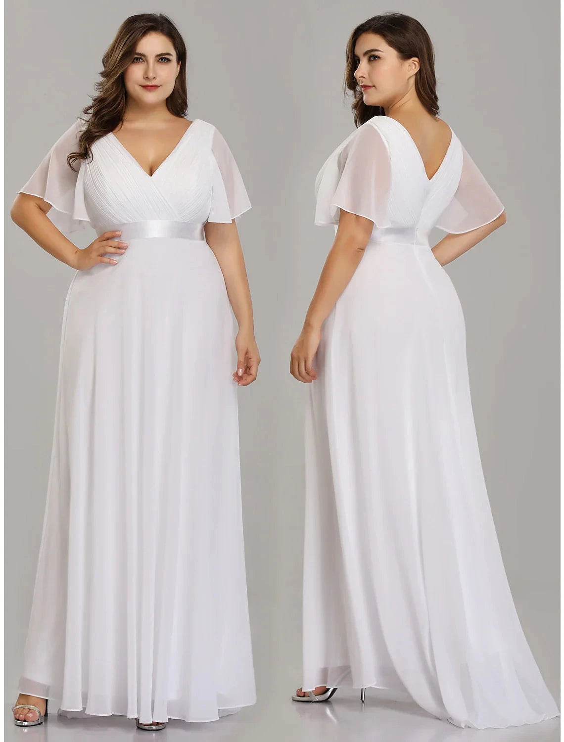A-Line Empire Fall Wedding Guest Dress For Bridesmaid Plus Size Formal Evening Dress V Neck Short Sleeve Floor Length Chiffon with Pleats Ruched by YiHuiw