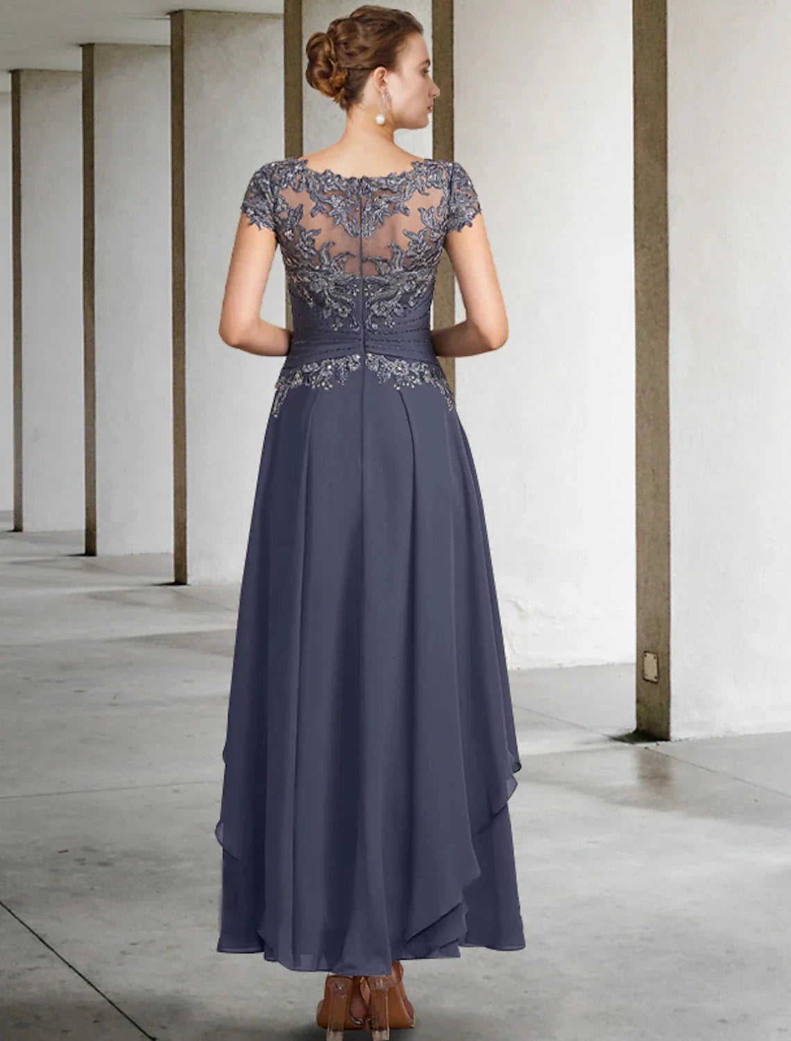 Two Piece A-Line Plus Size Curve Mother of the Bride Dress Wedding Guest Elegant Jewel Neck Ankle Length Chiffon Lace Short Sleeve Fall Wrap Included with Ruched Appliques by YiHuiw