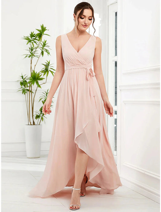 A-Line Wedding Guest Dresses Elegant Dress Party Wear Asymmetrical Sleeveless V Neck Chiffon with Ruffles Strappy by YiHuiw